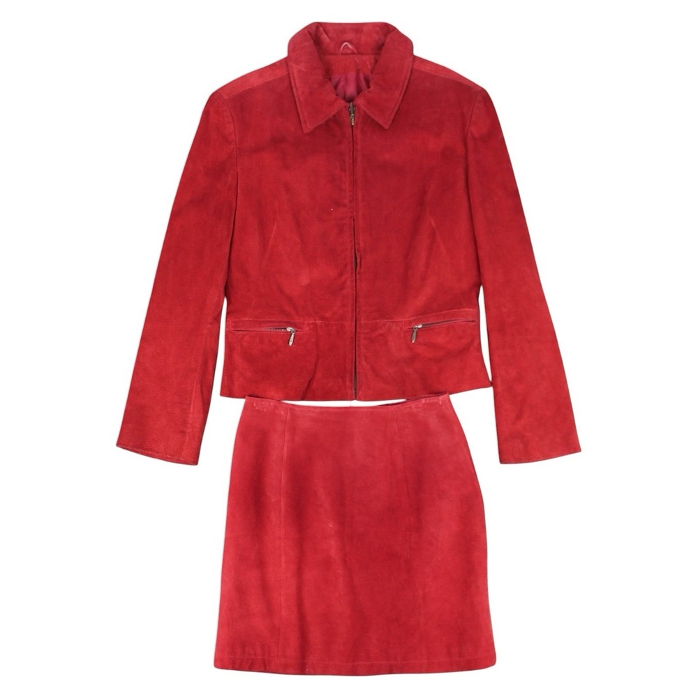 Wilsons Leather Red Suede Jacket & Skirt Suit Set Women's Size M Jacket 6 Skirt
